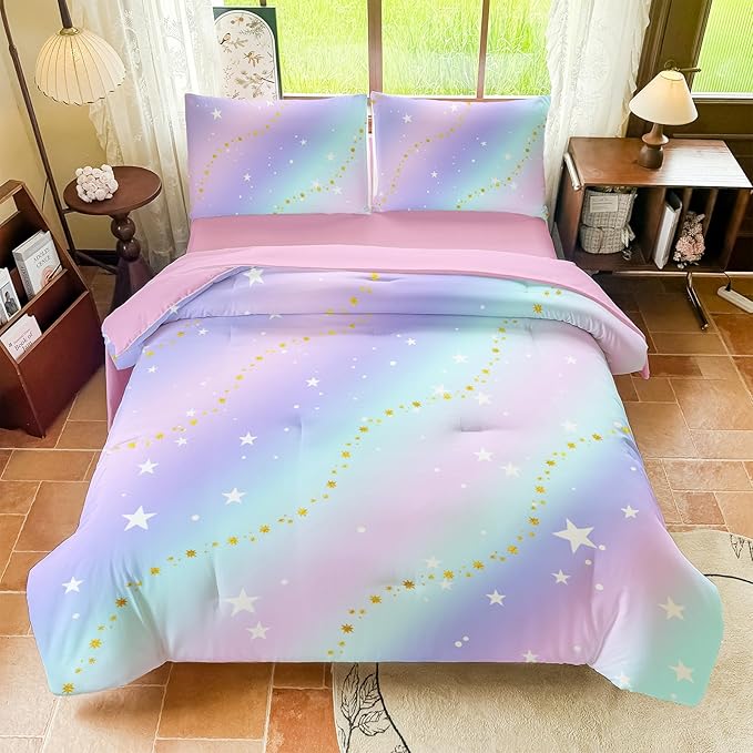 Rainbow Bedding Set Twin Size – 5 Piece Reversible Girls Comforter with Deep-Pocket Sheet, Gradient Galaxy Design, Whole-Piece Filling, Machine Washable Bed-in-a-Bag for Kids Room Makeover & Gifts