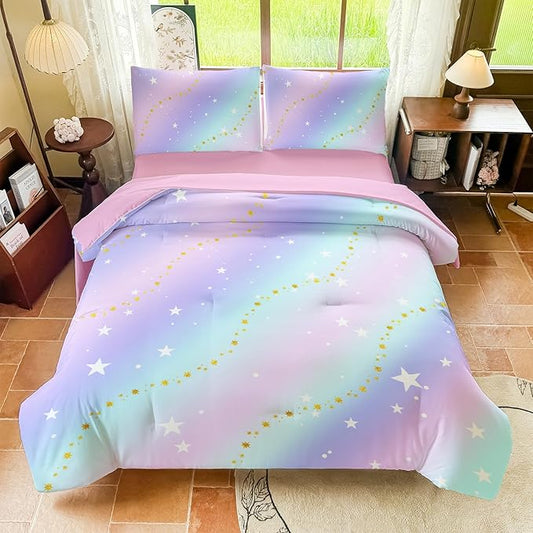 Rainbow Bedding Set Twin Size – 5 Piece Reversible Girls Comforter with Deep-Pocket Sheet, Gradient Galaxy Design, Whole-Piece Filling, Machine Washable Bed-in-a-Bag for Kids Room Makeover & Gifts