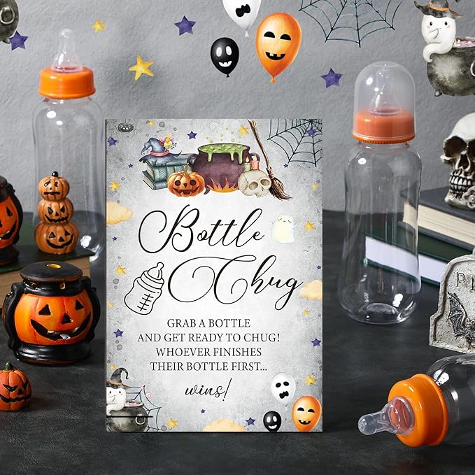 TrelaCo Halloween Cool Baby Shower Games Bottle Chug Sign Wooden Halloween Boo Theme Baby Gift Sets Gender Reveal Party Favors and 12 Pcs Baby Bottle Shower Favor Baby Bottles for Baby Shower
