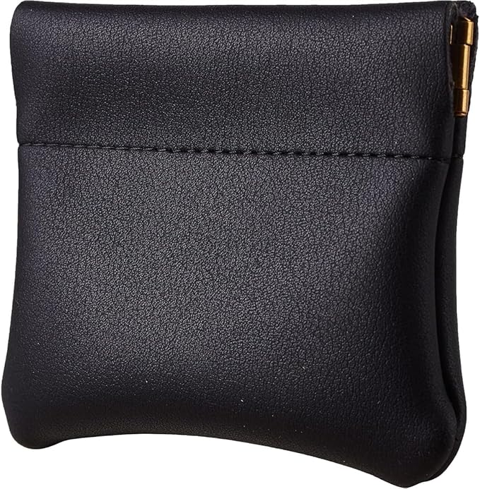 Squeeze Coin Purse Genuine Leather Wallet Compact Change Holder Travel Pouch for Women Gift Box (Black)