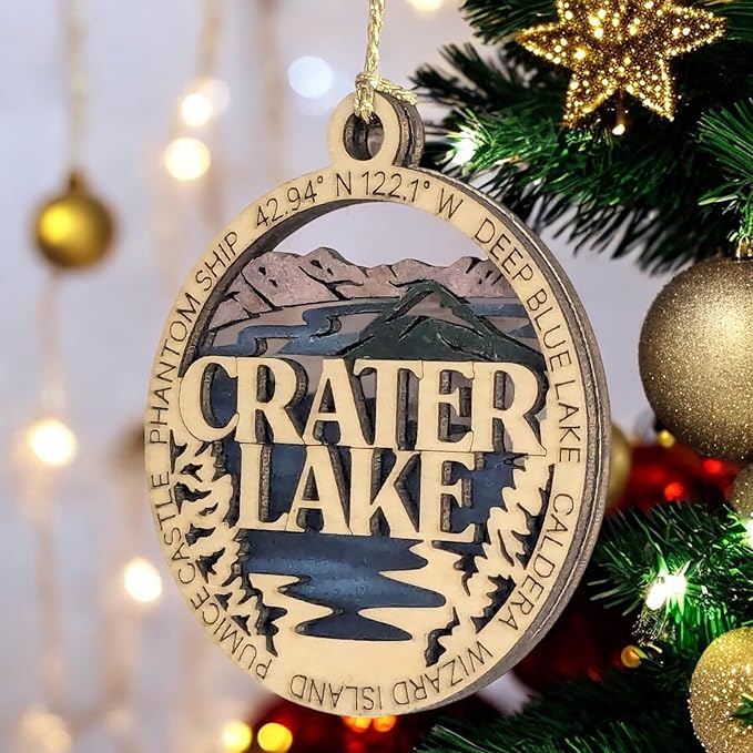 Crater Lake National Park Wood Ornament - Laser Cut Christmas Decoration, Handmade in Oregon USA