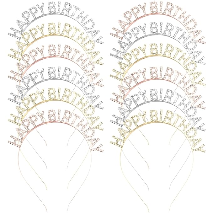 12 Pcs Rhinestone Happy Birthday Crowns Headbands Party Decorations Supplies Gift for Women Princess Birthday Tiara Bling Accessories