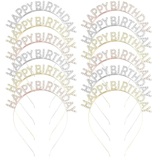 12 Pcs Rhinestone Happy Birthday Crowns Headbands Party Decorations Supplies Gift for Women Princess Birthday Tiara Bling Accessories