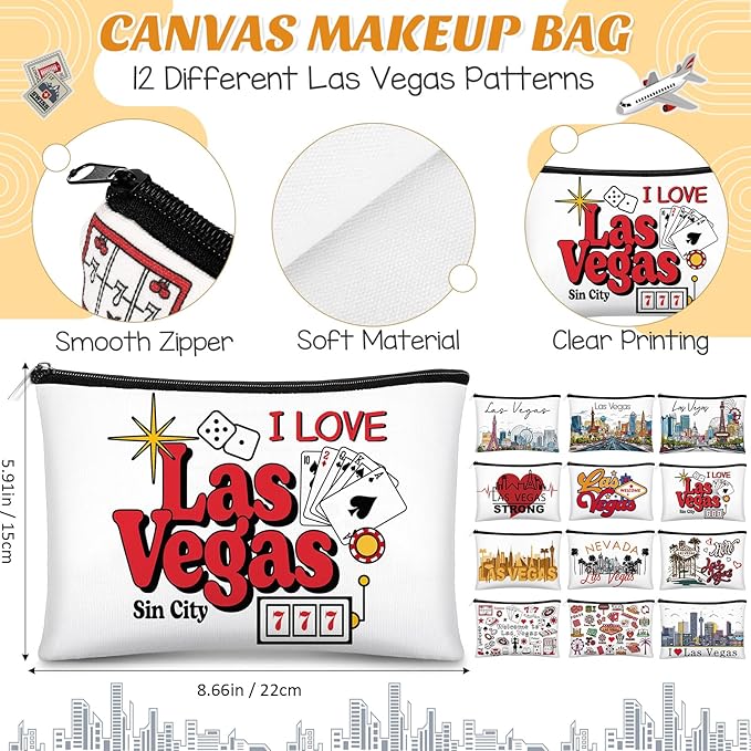 Reginary 12 Pcs City Souvenir Gifts Texas State Gifts Chicago City Souvenirs California Makeup Bag Paris San Francisco Alaska Zippered Cosmetic Bag for Women Traveler Souvenirs(Las Vegas)