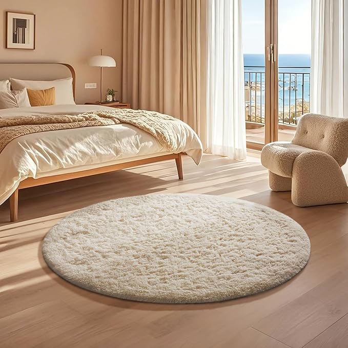 Ophanie Round Rugs 3Ft Ivory Circle Area Rug,Christmas Room Decor, Aesthetic Nursery Bedroom Carpet, Fluffy Fuzzy Plush Soft Shaggy Cream Living Room Rugs for Kids Boys Girls Teen Baby Home, Dorm