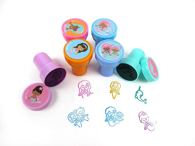 TINYMILLS 24 Pcs Rainbow Mermaid Stampers for Kids Birthday Party Goody Bag Filler Pinata Filler Mermaid Party Supplies Classroom Rewards Carnival Giveaways