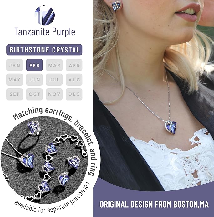 Leafael Valentine's Day Gift Necklaces for Women, Infinity Love Birthstone Heart Crystal Pendant, Birthday Anniversary Jewelry for Wife, Mom, and Her, Silver Plated, 18" + 2" Adjustable Chain