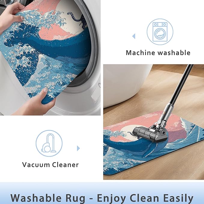 Japanese Cat Bathroom Rug 29.5"x17", Waves Bath Mat with Non-Slip Rubber Backing, Quick-Drying Absorbent Thin Floor Mat for Bathroom, Shower, Sink, or Kitchen