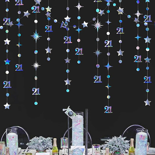 Iridescent Number 21 Circle Dot Twinkle Star Garland Metallic Holographic Hanging Streamer Bunting Banner Backdrop Decoration Girls 21st Birthday Finally Legal Twenty One Anniversary Party Supplies