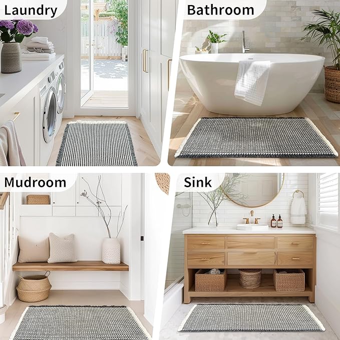 Waffle Bath Mat - Boho Bathroom Rugs Non Slip Washable, Super Absorbent & Quick Dry, Soft Bath Mat Farmhouse Bathroom Decor, 24'' x 36'', Dark Grey and White