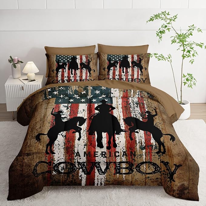 7Pcs Western Cowboy Comforter Set American Flag Printed Bedding Set with 1 Comforter, 1 Flat Sheet, 1 Fitted Sheet and 4 Pillowcases for Bedroom All Season(Cowboy Queen)