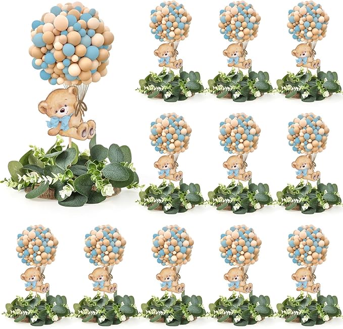 12 Set Blue Baby Shower Table Centerpieces Decortion Blue Bear with Eucalyptus Wreath Wood Slices Welcome Baby Table Topper for Gender Reveal It's A Boy Party Favors