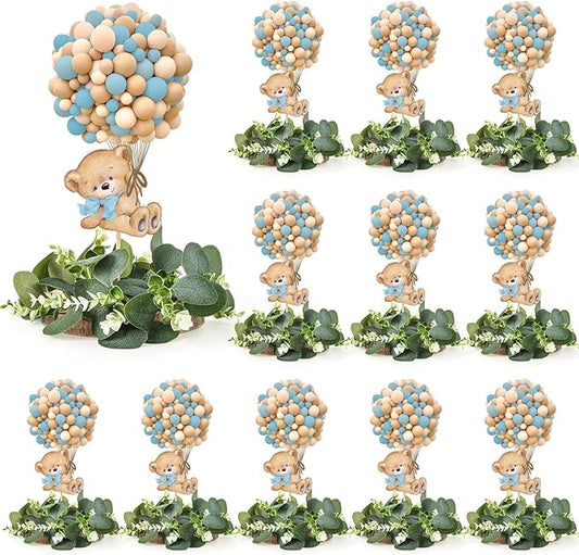 12 Set Blue Baby Shower Table Centerpieces Decortion Blue Bear with Eucalyptus Wreath Wood Slices Welcome Baby Table Topper for Gender Reveal It's A Boy Party Favors