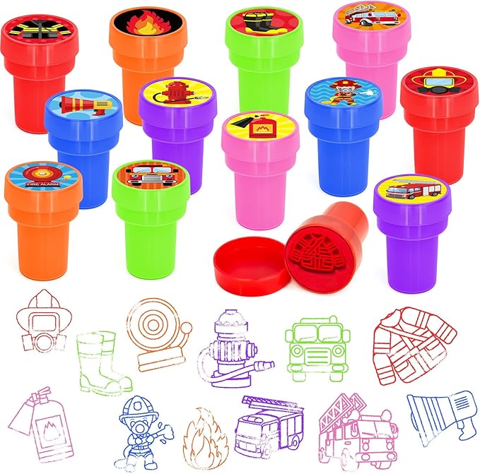 Cinrobiye 24 Pcs Fire Truck Party Stampers,Firefighter Party Supplies, Fire Fireman Birthday Party Favors, Classroom Rewards Carnival Prizes, Goodie Bag Pinata Fillers