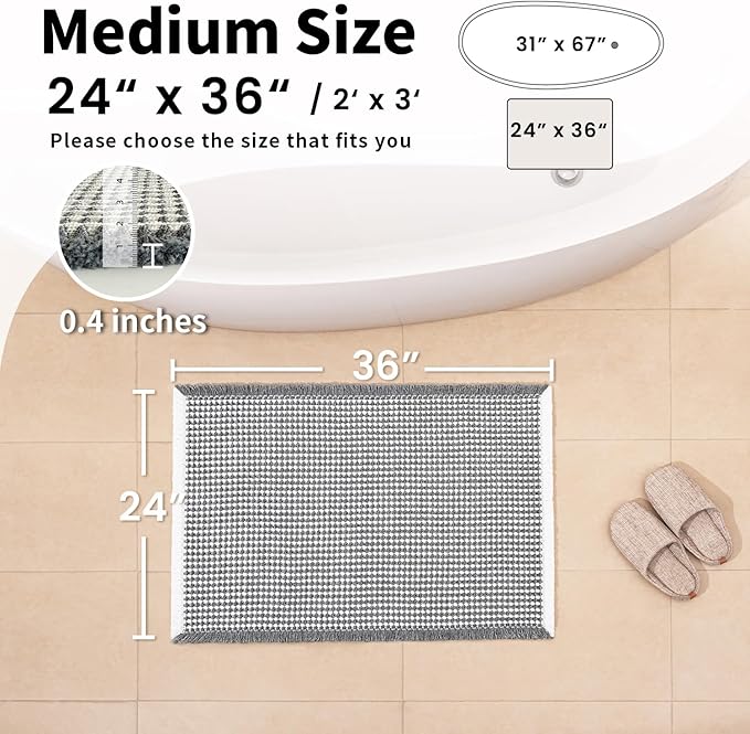 Waffle Bath Mat - Boho Bathroom Rugs Non Slip Washable, Super Absorbent & Quick Dry, Soft Bath Mat Farmhouse Bathroom Decor, 24'' x 36'', Dark Grey and White