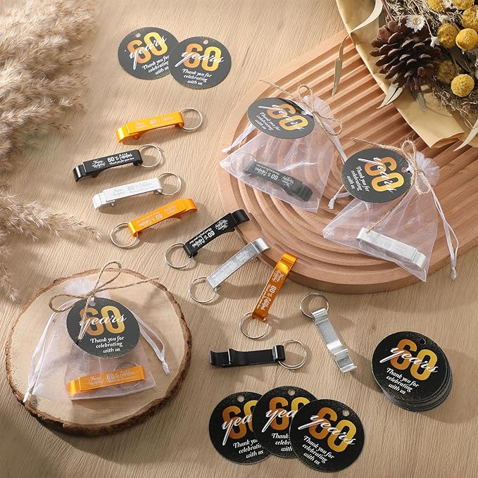 Dandat 54 Sets 60th Birthday Party Favors for Guests Birthday Beer Opener Keychain Cheers to 60 Bottle Opener Keychain with Thank You Cards and Gift Bags for Anniversary Wedding Party Favors