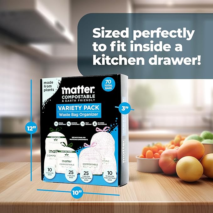 Matter Compostable Variety Pack 3 Gallon and 13 Gallon Kitchen Trash Bags with Drawstring, Unscented, Durable, Leak-Resistant, Eco-Friendly, 70 Count