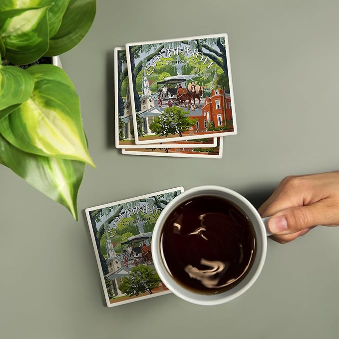 Lantern Press Savannah, Georgia, Town Views (Absorbent Ceramic Coasters Set of 4 Matching Images, Cork Back, Kitchen Table Decor)
