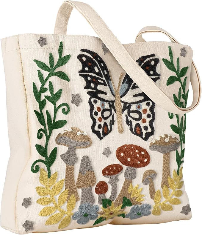 Miss Adola Aesthetic Embroidery Tote Bag for Women - Reusable Canvas Cute Shoulder Bag for Shopping, Grocery, Work, Book