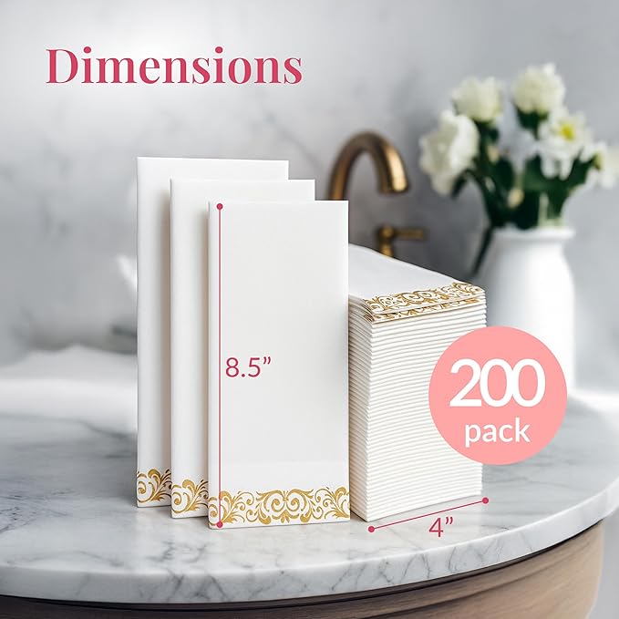 Prestee 200 Pack Disposable Paper Guest Towels for Bathroom, 2-Ply - Elegant Linen Feel Paper Napkins - Absorbent Decorative Guest Towels for Bathroom, Wedding, and Party Use - (White and Gold)