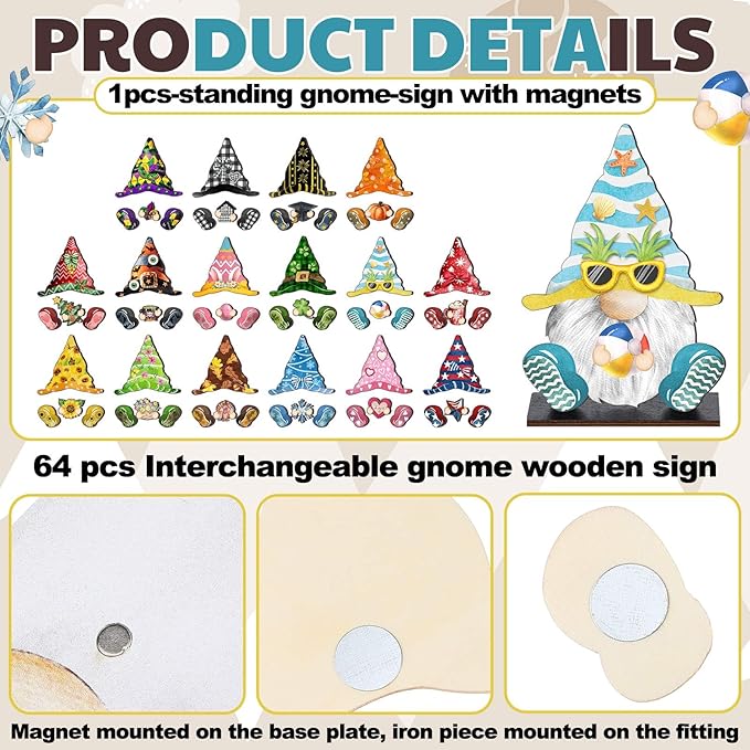 Blulu 34 Pcs Christmas Interchangeable Wooden Gnome Decor DIY Holiday Christmas Seasonal Tiered Tray Decoration Gnomes with Magnet Pieces Welcome Sign for Xmas Holiday Decorations (Vivid)