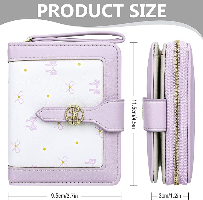 Womens Wallet Cute Small Purple Coquette Bow Wallets for Women with Bow Stuff Credit Card Holder and ID Window Kawaii Travel Cash Wallet for Ladies