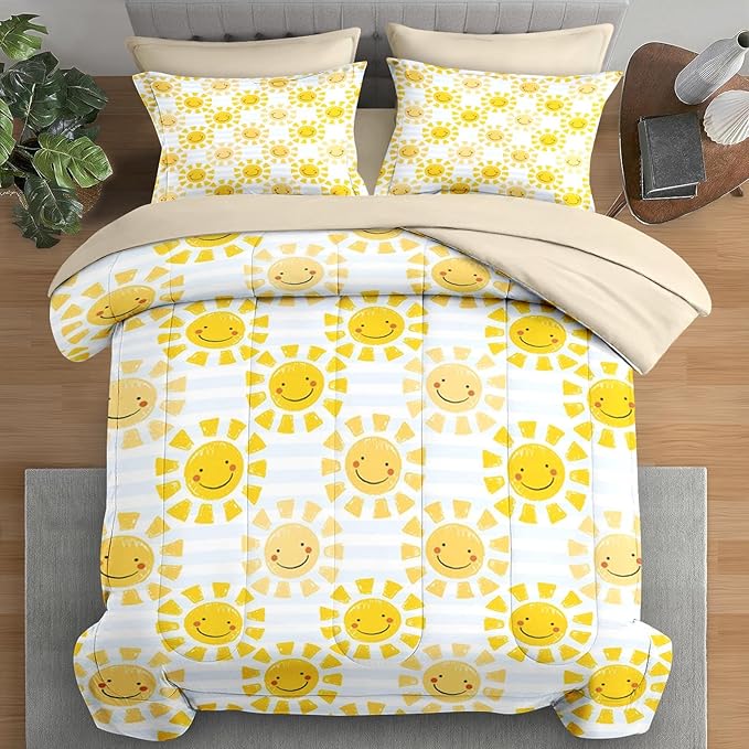 Comforter Set Queen Size, Cute Sunshine Sun 7 Pcs Bedding for Kids and Adults, Beach Summer Happy Bed Sheet Sets with Fitted Sheet 2 Pillowcases & 2 Shams for Bedroom Bed Decor