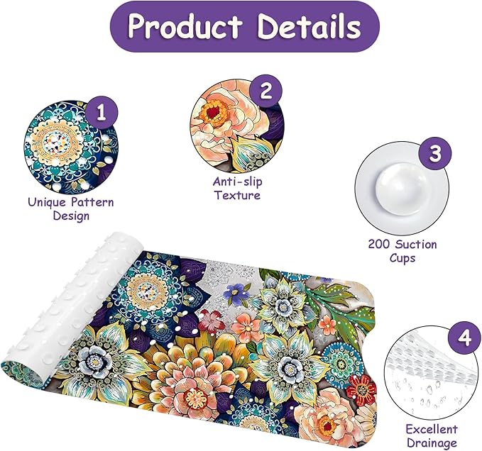 Bathtub Mat Non Slip, Bohemia Extra Long Bath tub Mat Shower Floor Mat with Suction Cups and Drain Holes for Adults Kids Elderly 40 X 16 Inch