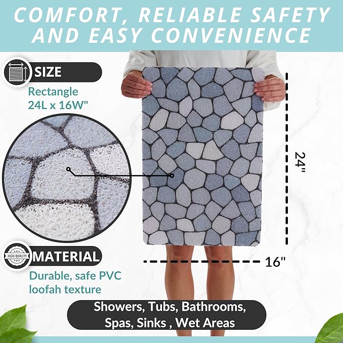 ENKOSI Loofah Non-Slip Shower and Bath Mat - Soft Cushioned Comfort - No Suction Cups for Smooth or Textured Tubs - Fast Draining - Safety for Bathroom, Family, Kids, and Elderly (24x16 Pebble Blue)
