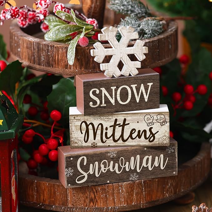 4 Pcs Winter Table Decorations Wooden Snowflake Decor Christmas Tiered Tray Decor Rustic Decorative Snowflake Block Sign Gift Winter Table Centerpiece for Wonderland Party Home Kitchen