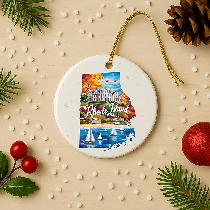 USA State Landmark Ceramic Ornament – Round Glossy Christmas Decoration Featuring U.S. State Art, Landmarks & Holiday Scenery – Collectible Travel Souvenir Ornament Series (Rhode Island)