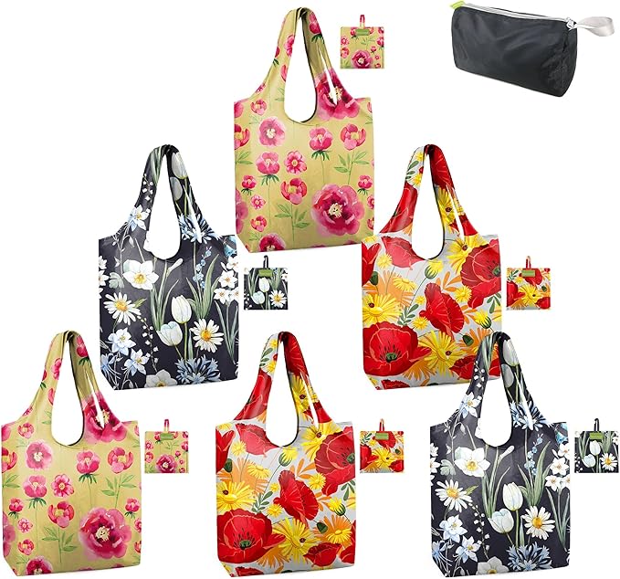 BeeGreen Flowers Reusable Grocery Bags Reusable Kitchen Bags Bulk Foldable-Machine Washable with Zipper Storage Pouch 6 Packs