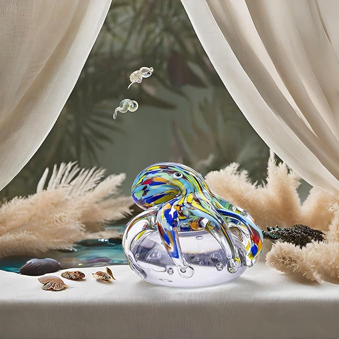 Hand Blown Art Glass Octopus Figurine on Crystal Ball | Handmade Sea Creature Collectible, Ocean Theme Desk Paperweight & Aquarium Decor (Turquoise)