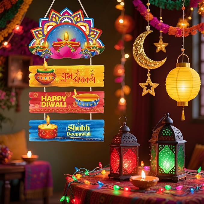 CHDITB Happy Diwali Wooden Sign, Wooden Lotus Rangoli Diyas Festive Wooden Hanging Plaque, Colorful Deepavali Themed Door Hanger, Diwali Wall Art Porch Hanger for Light Celebration Party Decorations