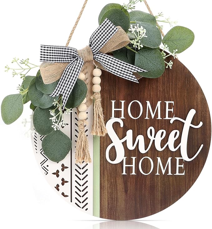 TOARTi 3D Welcome Front Door Wreath Porch Decor, Wooden Home Sweet Home Boho Outdoor Sign Hanging, Farmhouse Aztec Wall Sign Hanger with Artificial Leaves&Rustic Beads