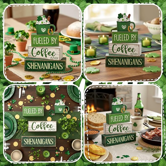 4 Pcs Wooden St. Patrick's Day Decorations Shamrock Hot Cocoa Table Centerpieces Irish Decorative Block Signs Gift Happy St. Patrick's Stacks Wooden Table Decor for Home Tiered Tray