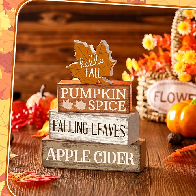 4 Pcs Fall Decor Wooden Maple Leaf Decoration Thanksgiving Tiered Tray Decor Rustic Wooden Maple Leaf Block Sign Thanksgiving Table Centerpiece Farmhouse for Autumn Harvest Party Home Kitchen