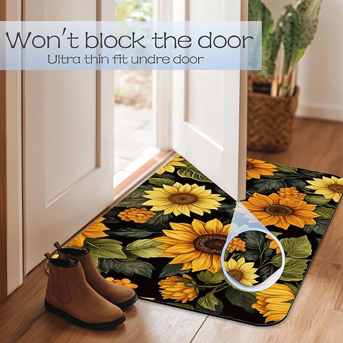 Retro Sunflowers Fast Drying Absorbent Bathroom Mat, Non-Slip Rubber Backing Thin Low-Profile Bath Rug, Easy-Clean Bathroom Floor Mat for Shower, Bathtub, Kitchen, or Entryway