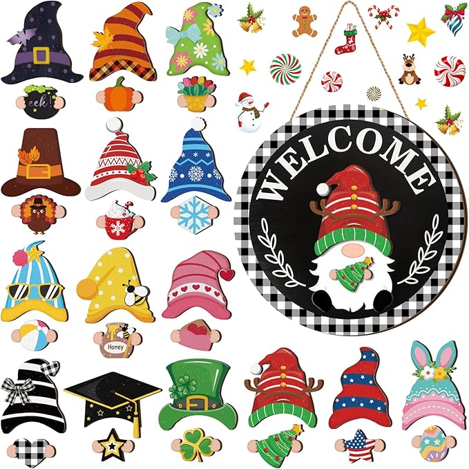 Qunclay Interchangeable Wooden Gnome Decor Holiday Seasonal Gnome Decorations with Magnet Pieces and Detachable Hats Changeable Welcome Sign for Home(Trendy Style)