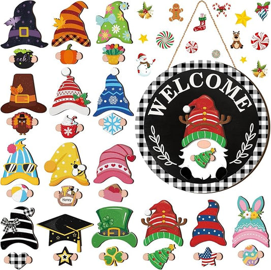 Qunclay Interchangeable Wooden Gnome Decor Holiday Seasonal Gnome Decorations with Magnet Pieces and Detachable Hats Changeable Welcome Sign for Home(Trendy Style)