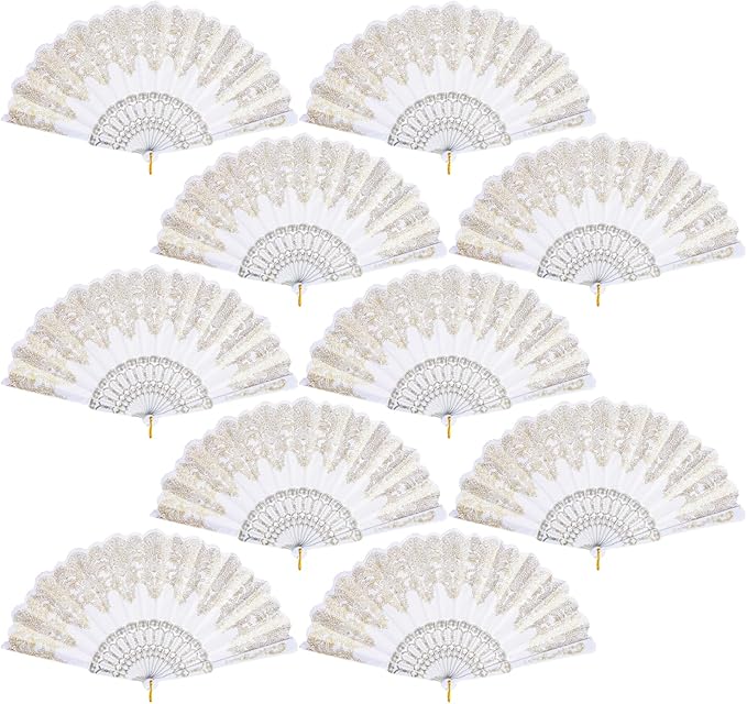QIRMIZI 10 Pack Folding Handheld Fans,Silk Spanish Fan, Perfect for Weddings, Parties, and Dancing,White