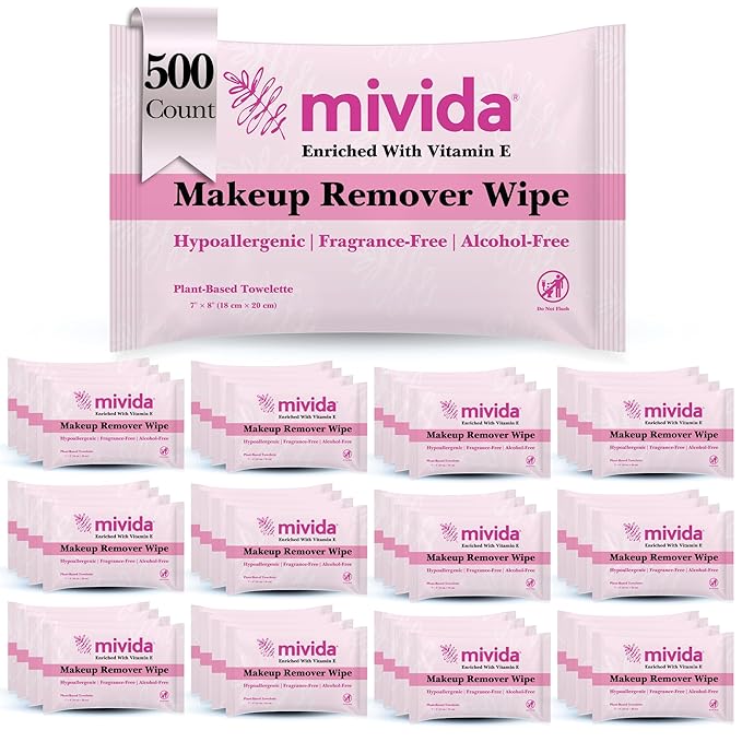 mivida 500 Count Bulk Individually Wrapped Makeup Remover Wipes with Vitamin E | Hypoallergenic, Fragrance-Free, Alcohol-Free makeup wipes | Bulk single make up removing wipes
