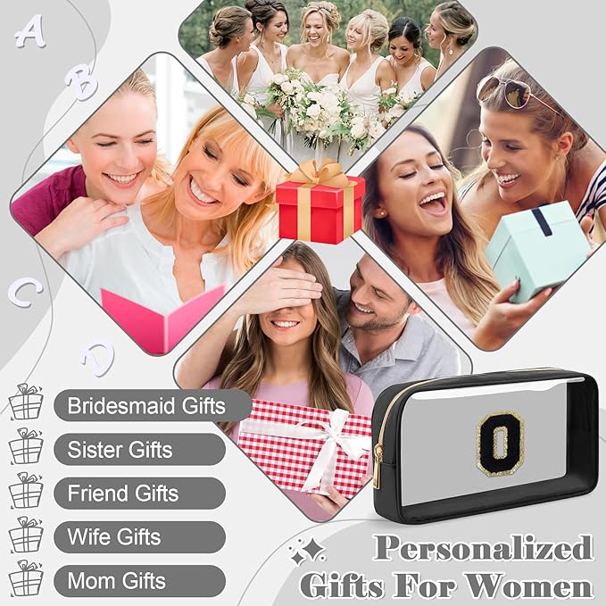 Personalized Initial Letter Clear Makeup Bag,Preppy Small Nylon&PVC Cosmetic Zipper Bag with Chenille Letter,Travel Skincare Toiletry Bag,Monogram Christmas Gift for Teen Girls Women,O