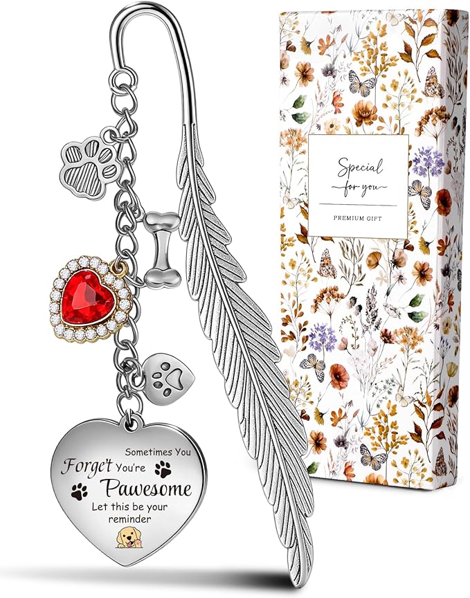 Buleens Bookmarks for Women Reading - Book Marks for Readers Book Lovers, Cute Feather Dog Paw Personalized Metal Bookmark with Pendants, Pretty and Aesthetic Book Accessories Reading Gifts