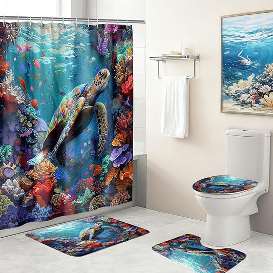 Turtle Shower Curtains for Bathroom - 4 Pcs Kids Shower Curtain Set Ocean Shower Curtains for Bathroom Sea Turtle Shower Curtain Set with Rug,Toilet Cover and Bath Mat with 12 Hooks