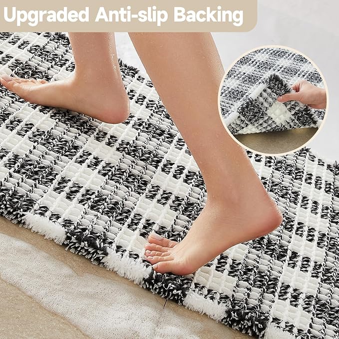 Waffle Runner Rug Bathroom, Long Boho Bathroom Rugs Non Slip Washable Absorbent Checkered Bathroom Mat Quick Dry Farmhouse Bath Mat, 60"x24" Black and White
