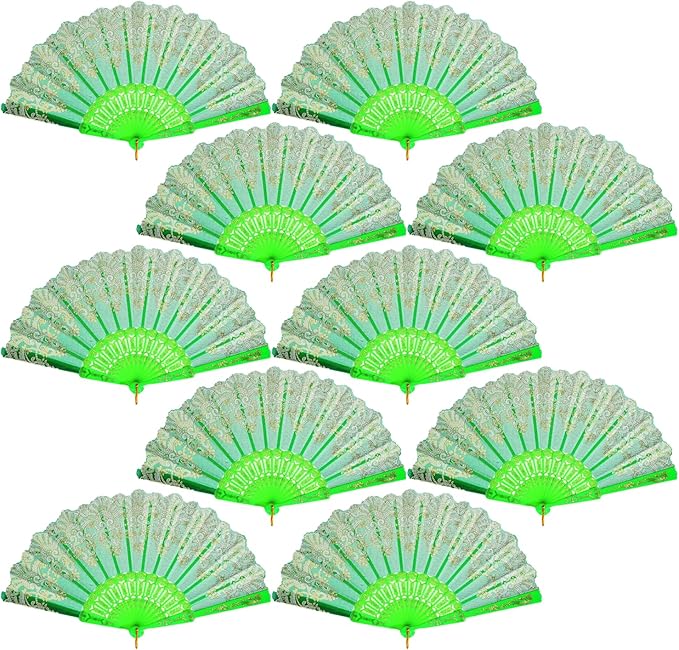 QIRMIZI 10 Pack Folding Handheld Fans,Silk Spanish Fan, Perfect for Weddings, Parties, and Dancing,Green