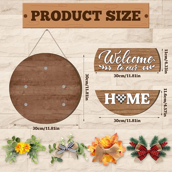 Vicenpal Interchangeable Welcome Sign for Front Door with 17 Magnetic Icons, Wooden Seasonal Front Porch Door Decor with 4 Seasonal Wreaths and 17 Changeable Icons for Holiday Party (Brown)