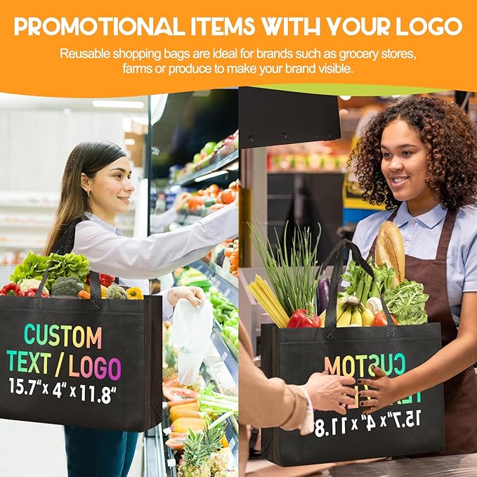 KQVXZZB Custom Reusable Grocery Bags with Logo & Text Printing 10/50/100PACK- Eco-Friendly Promotional Tote Bags for Businesses, Bulk Orders, Events, Retail (Durable/Washable/Multi-Use)
