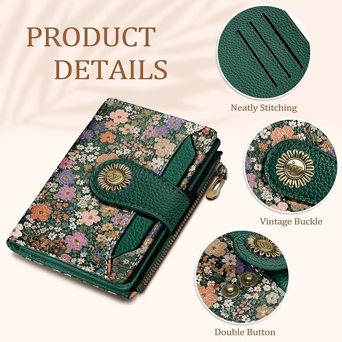 Floral Flowers Small Wallet Women RFID Blocking Bifold, Credit Card Holder, Zipper Coin Pocket, PU Leather, Compact, Travel, 4 ID Window, 14 Card Slots, Cash Purse, Ladies Woman Female Girls